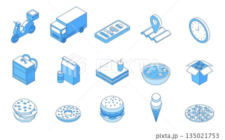 Isometric food delivery icons. Delivery man equipment, cooling bag, smartphone with orders, bike and mini truck. Meal packs, pizza box, noodles, nifty vector set 135021753