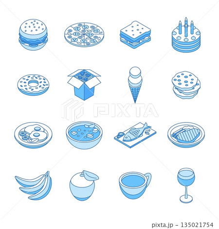 Isometric food outline icons. Sandwich, pizza, burger and take away asian noodles. Ice cream and fish, soup and breakfast fried eggs, meat steak, nifty vector clipart Isometric food outline icons. Sandwich, pizza, burger and take away asian noodles. Ice cream and fish, soup and breakfast fried eggs, meat steak, nifty vector clipart 135021754