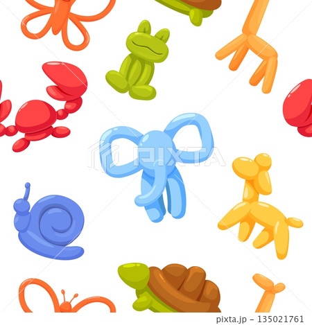 Balloon toys seamless pattern. Bubble animals, elephant crab turtle frog dog butterfly. Colorful air balloons print for fabric, textile, wrapping, sapid vector background Balloon toys seamless pattern. Bubble animals, elephant crab turtle frog dog butterfly. Colorful air balloons print for fabric, textile, wrapping, sapid vector background 135021761