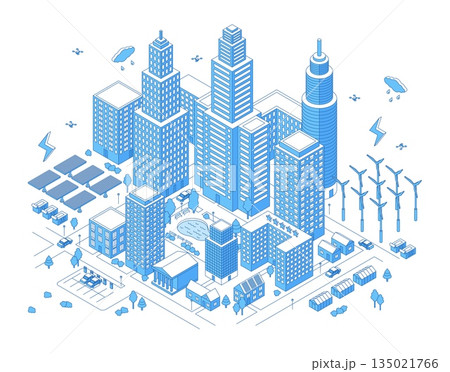 Isometric smart energy city. Modern urban district with skyscrapers, apartment and public buildings. Alternative clean power for life town, nifty vector concept 135021766