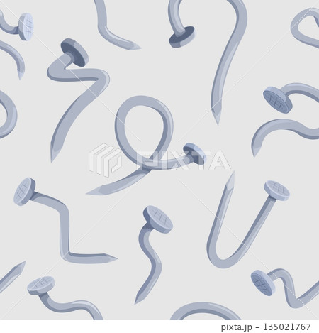Steel nails seamless pattern. Curved nail, iron bent hobnails for repair and construction. Fabric textile wrapping paper print design, sapid vector background 135021767