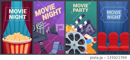 Cinema posters. Movie night invitation card templates. Entertainment or show banners with camera, popcorn bucket, red cartoon chairs, sapid vector set Cinema posters. Movie night invitation card templates. Entertainment or show banners with camera, popcorn bucket, red cartoon chairs, sapid vector set 135021769