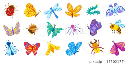 Chalk drawing insects. Children style drawn butterfly, bug, bee, ladybug and dragonfly. Colored pencil or crayon sketch insect, seasonal characters neoteric vector set Chalk drawing insects. Children style drawn butterfly, bug, bee, ladybug and dragonfly. Colored pencil or crayon sketch insect, seasonal characters neoteric vector set 135021774