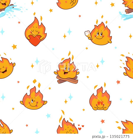 Funny fire characters seamless pattern. Emotional flames, fires with heart, ice cream, smile. Colorful print for fabric, wrapping, wallpaper, nowaday vector background 135021775