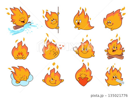 Cute fire characters. Sticker flames, cartoon funny fires in love, hold heart, send air kiss. Childish emotional mascots, sleeping, swimming, nowaday vector set 135021776