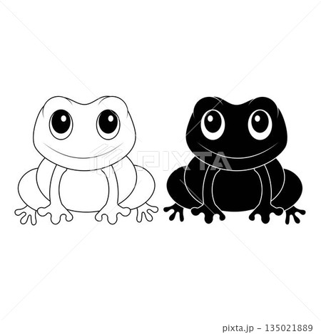 Cute frog cartoon illustration in simple black and white style. Smiling frog character with minimal design isolated on white background. Suitable for children illustration educational content mascot 135021889