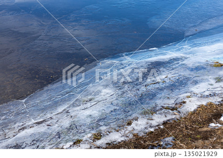 Cracked ice on the river bank. The beginning of spring ice drift. Melting ice and snow. Thin layer of cracked ice on the grass on the river bank 135021929