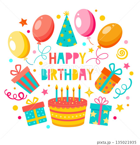 Happy birthday greeting card with balloons and cake Happy birthday greeting card with balloons and cake 135021935