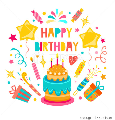 Happy birthday greeting card with sweets and balloons Happy birthday greeting card with sweets and balloons 135021936