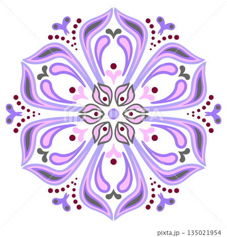 Fantasy stylized flower. Ornamental filigree round design element. Purple pink plant Indian mandala ornament. Ethnic oriental floral decor Fantasy stylized flower. Ornamental filigree round design element. Purple pink plant Indian mandala ornament. Ethnic oriental floral decor 135021954