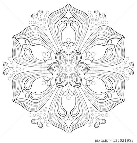Fantasy stylized flower coloring page. Monochrome plant Indian mandala ornament. Ornamental filigree round design element. Ethnic oriental plant decor Fantasy stylized flower coloring page. Monochrome plant Indian mandala ornament. Ornamental filigree round design element. Ethnic oriental plant decor 135021955