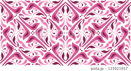 Complex kaleidoscope ornament. Seamless pattern of curved lines and shapes. Mosaic tile decor in folk style and red pink colors. 135021957