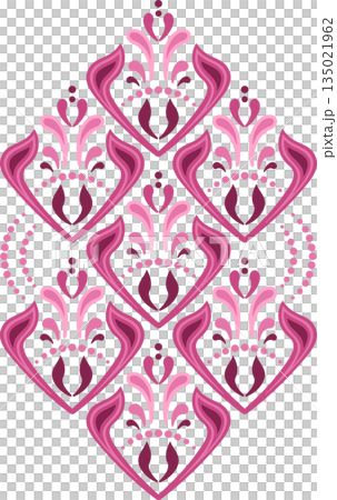 Ornamental element of curved lines. Mosaic tile decor in folk style and red pink colors. Floral Indian ornament. Ethnic red pink colorful ornament 135021962