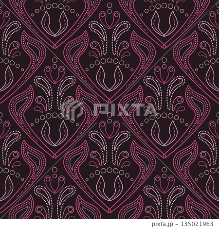 Ornamental background in ethnic style. Seamless pattern of curved lines. Floral Indian ornament. Ethnic red pink colorful ornament on dark background 135021963