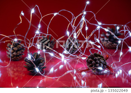 Christmas Pine Cones and Lights on Red Background 135022049