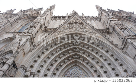 Detailed facade of the barcelona cathedral entrance, made on stone in gothic architectural style Detailed facade of the barcelona cathedral entrance, made on stone in gothic architectural style 135022065