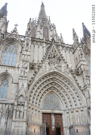 Detailed facade of the barcelona cathedral entrance, made on stone in gothic architectural style Detailed facade of the barcelona cathedral entrance, made on stone in gothic architectural style 135022083