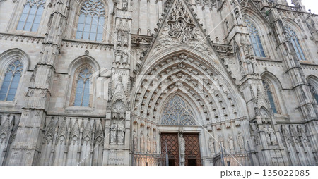 Detailed facade of the barcelona cathedral entrance, made on stone in gothic architectural style 135022085