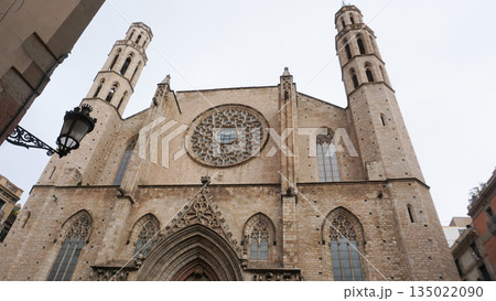 Santa Maria del Mar - Barcelona Spain, Facade of the Basilica of Santa Maria del Mar 1329-1383 in Catalan Gothic style in Barcelona, Catalonia, Spain Santa Maria del Mar - Barcelona Spain, Facade of the Basilica of Santa Maria del Mar 1329-1383 in Catalan Gothic style in Barcelona, Catalonia, Spain 135022090