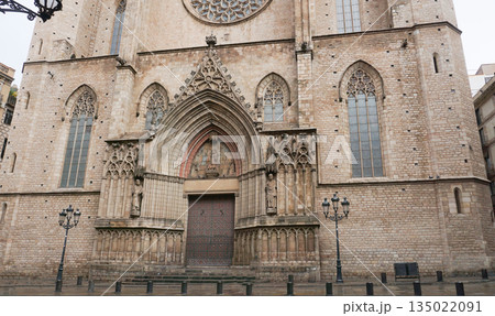 Detailed facade of the barcelona cathedral, made on stone in gothic architectural style Detailed facade of the barcelona cathedral, made on stone in gothic architectural style 135022091