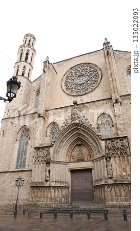 Detailed facade of the barcelona cathedral, made on stone in gothic architectural style 135022093