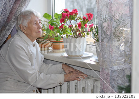 Old lonely woman sitting near the window in his house. Old lonely woman sitting near the window in his house. 135022105