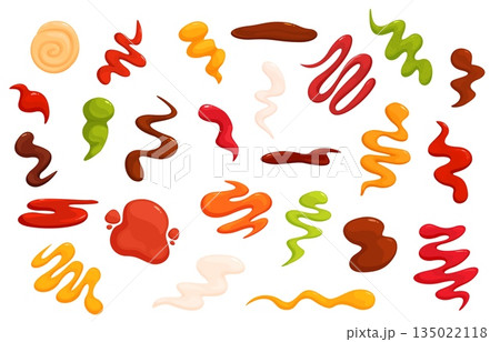 Cartoon sauces splashes. Sauce splash, drops mayonnaise, ketchup, soy. Sour cream, bbq and mustard dips. Tasty food dressing, sapid vector set Cartoon sauces splashes. Sauce splash, drops mayonnaise, ketchup, soy. Sour cream, bbq and mustard dips. Tasty food dressing, sapid vector set 135022118