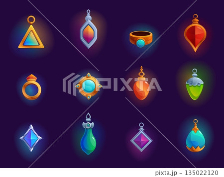Gemstones amulets. Silver gold amulet with gems, charms, rings and pendants. Decorative jewelry elements, cartoon game assets, sapid vector clipart 135022120