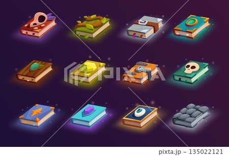 Old magic books. Book of spells for wizard, witch, magical creatures. Notebooks with covers decorated skulls, gemstones, plants, sapid vector clipart Old magic books. Book of spells for wizard, witch, magical creatures. Notebooks with covers decorated skulls, gemstones, plants, sapid vector clipart 135022121