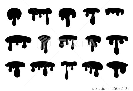 Black dripping flows. Oil flow, ink drops isolated. Decorative liquid elements for design. Drips different liquids substances, sapid vector silhouettes Black dripping flows. Oil flow, ink drops isolated. Decorative liquid elements for design. Drips different liquids substances, sapid vector silhouettes 135022122