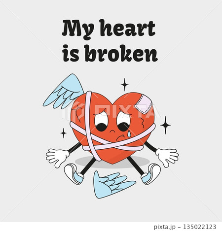 Groovy sad heart. Cute red heart with cracks and fallen wings. Symbol of love end. Sadly crying retro character, poster or card design, neoteric vector template Groovy sad heart. Cute red heart with cracks and fallen wings. Symbol of love end. Sadly crying retro character, poster or card design, neoteric vector template 135022123