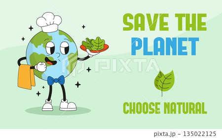 Earth day poster with groovy planet. Funny retro planet character with plate of salad. Unusual waiter character, save environment, neoteric vector banner 135022125