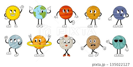 Groovy planet characters. Vintage solar system planets with funny faces. Positive earth, sun, venus, saturn, pluto, mars. Isolated neoteric vector clipart 135022127