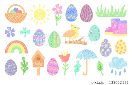 Crayon drawing spring elements. Easter eggs in basket, bird, flowers. Decorative seasonal chalk drawn, children style painting. Neoteric vector collection 135022131