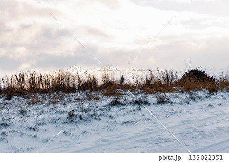 Winter landscape with yellow grass covered by snow. Winter landscape with yellow grass covered by snow. 135022351