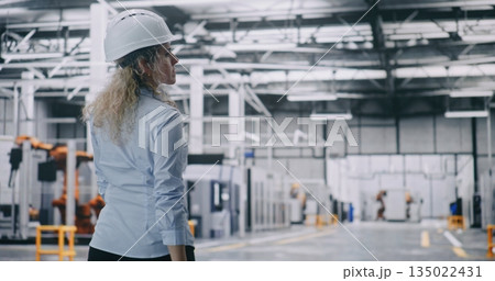 Technical Professional in Safety Helmet, Observing Clean, Well Lit Interior Industrial Facility Technical Professional in Safety Helmet, Observing Clean, Well Lit Interior Industrial Facility 135022431