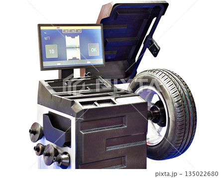 Stand for balancing wheels isolated white Stand for balancing wheels isolated white 135022680