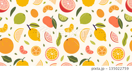Seamless pattern with citrus fruits and slices. Orange, lemon, lime and grapefruit, bright design for summer and food packaging. Trendy vector illustration on light background, hand drawn, flat 135022759
