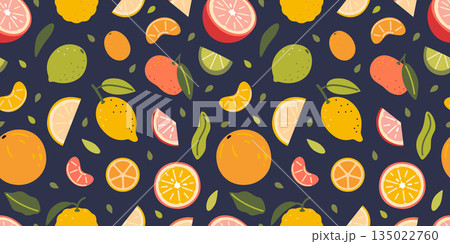 Seamless pattern with citrus fruits and slices. Orange, lemon, lime and grapefruit, bright design for summer and food packaging. Trendy vector illustration on dark background, hand drawn, flat Seamless pattern with citrus fruits and slices. Orange, lemon, lime and grapefruit, bright design for summer and food packaging. Trendy vector illustration on dark background, hand drawn, flat 135022760