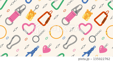Seamless pattern with trendy accessories including carabiners, keychains and decorative charms. Fashion accessory concept. Trendy vector illustration on light background, hand drawn, flat design Seamless pattern with trendy accessories including carabiners, keychains and decorative charms. Fashion accessory concept. Trendy vector illustration on light background, hand drawn, flat design 135022762
