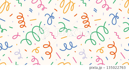 Seamless pattern with colorful confetti, streamers and decorative shapes. Festive abstract design for celebrations and events. Trendy vector illustration on light background, hand drawn, flat Seamless pattern with colorful confetti, streamers and decorative shapes. Festive abstract design for celebrations and events. Trendy vector illustration on light background, hand drawn, flat 135022763