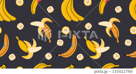 Seamless pattern with bananas and banana slices. Tropical fruit design for food and packaging use. Trendy vector illustration on dark background, hand drawn, flat 135022766