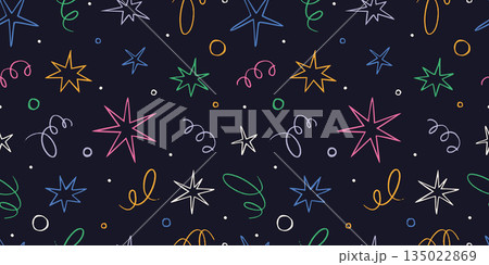 Seamless pattern with colorful doodle stars, confetti and abstract lines. Playful hand drawn designs for celebration events. Trendy vector illustration on dark background, sketch style 135022869