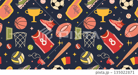 Seamless pattern with team sports gear, balls, uniforms and trophies. Trendy modern vector illustration a dark background, hand drawn, flat design. 135022871