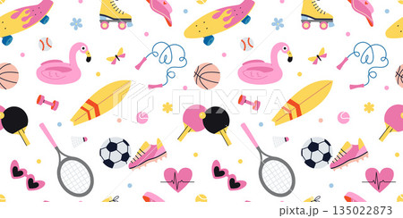 Seamless pattern with summer sport, surfing, skating, tennis and beach activities. Bright background for active lifestyle and recreation themes. Trendy vector illustration, hand drawn, flat design 135022873