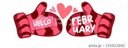 Hello February text with pink love valentines hearts and pink mittens isolated on transparent background. Hello February lovely style sticker png, label png, banner, poster design template Hello February text with pink love valentines hearts and pink mittens isolated on transparent background. Hello February lovely style sticker png, label png, banner, poster design template 135022892