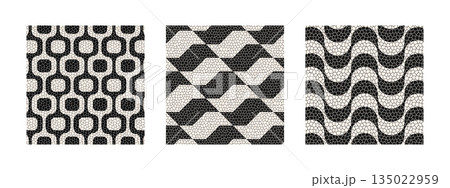 Ipanema, Sao Paulo and Copacabana pavement backgrounds with realistic cobblestone texture. Famous beach promenades in Brazil. Repeating wavy print in Portuguese sidewalk style. Vector illustration 135022959