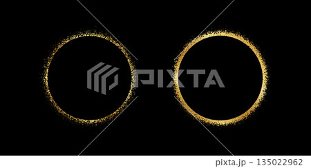 Set of round frames with golden powder texture. Gold circular shapes with glitter, stipple or mezzotint effect borders isolated on black background. Sun eclipse silhouettes. Vector illustration 135022962