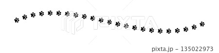 Path of wet or mud paw prints of dog, cat, tiger or raccoon. Border with paw silhouettes. Steps of running or walking wild animals isolated on white background. Vector graphic illustration Path of wet or mud paw prints of dog, cat, tiger or raccoon. Border with paw silhouettes. Steps of running or walking wild animals isolated on white background. Vector graphic illustration 135022973
