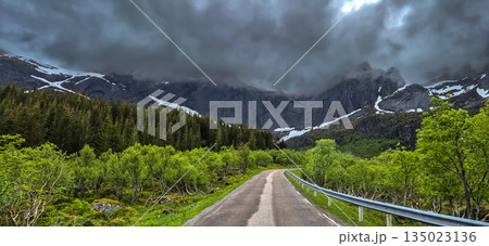 Green Valley With Snowy Mountains Near Nusfjord On Lofoten Islands In Norway 135023136
